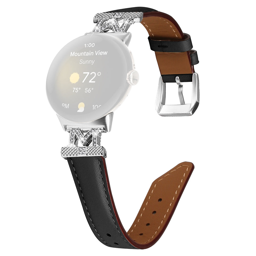 For Google Pixel Watch Pixel Watch 2 Silver Buckle Genuine Cowhide Leather Watch Strap with M Shape Rhinestone Decor For Google Pixel Watch Pixel Watch 2 Silver Buckle Genuine Cowhide Leather Watch Strap with M Shape Rhinestone Decor